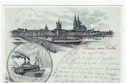Köln, Lithographie mit Rheinpartie und Dampfer gelaufen von 1901 kleiner Knick unten rechts, leichter Stempeldurchdruck, leicht fleckig, sonst gut erhalten
