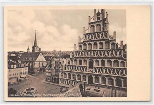 Pössneck. Rathausgiebel Marktbrunnen Stadtkirche ungelaufen Gute Erhaltung.