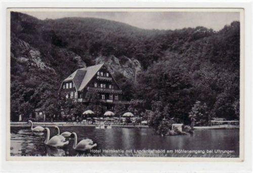 Hotel mit Partie am Höhleneingang bei Uftrungen gelaufen von ca. 1940. Gute Erhaltung.