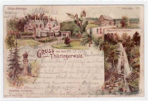 Lithographie Gruß aus dem Thüringerwald Wasserfall Trusentha, Kickelhahn bei Ilmenau, Schloss Altenstein gelaufen von 1898. Drei kleine Löcher am Rand unten in der Mitte und eins am Eck unten rechts, kleiner Knick oben links, leicht stockfleckig,
