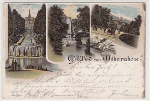 Wilhelmshöhe Kassel - Wilhelmshöhe, Lithographie. Cascaden Aquaduct Wasserfall Wilhelmsallee von der Allee aus gesehen gelaufen, 1896. Leichter Stempeldurchdruck, leicht rissig, Ecken mit Albumabdrücken, kleiner Knick unten links, sonst gut erhalten