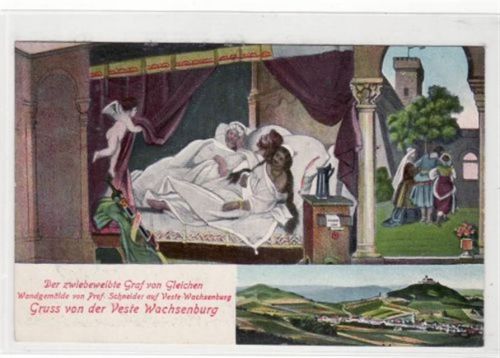 Gruss von der Veste Wachsenburg mit den zwiebeweibten Graf von Gleichen gelaufen 1926. Gute Erhaltung.
