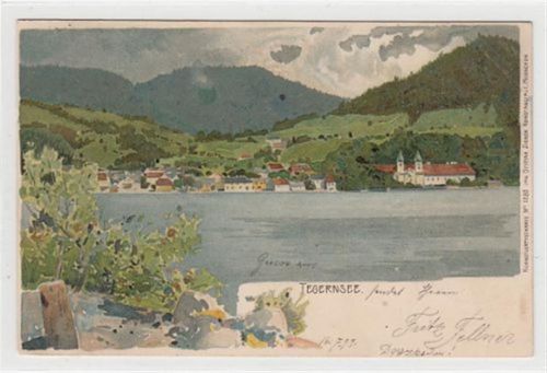 Tegernsee, Künstlerkarte mit Gesamtansicht gelaufen, 1899. Vorder- und Rückseite leicht fleckig, sonst gut erhalten