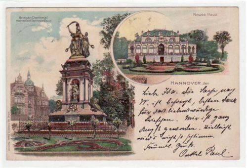 Hannover Hannover, Lithographie mit Neues Haus und Kriegerdenkmal gelaufen, 1899. Ecken mit Albumabdrücken, Vorder- und Rückseite fleckig, sonst gut erhalten