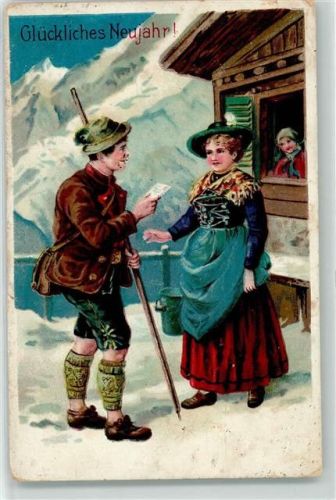 Lithographie Neujahr Briefträger auf der Alm AK