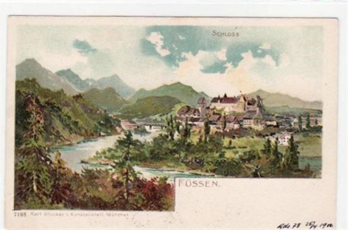 Lithographie Füssen im Allgäu. Ansicht Schloß ungelaufen Eckbug oben rechts sonst gut erhalten.