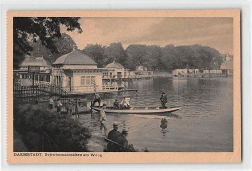 Darmstadt Darmstadt. Schwimmanstalten am Woog ungelaufen kleiner Knick unten rechts, sonst gut erhalten