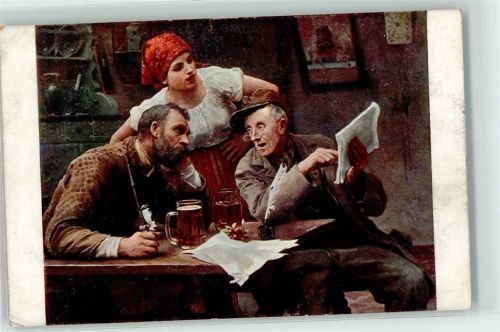 sign. Skramlik Der Zubringer Zeitung lesen Pfeife Bier Tintenfass AK
