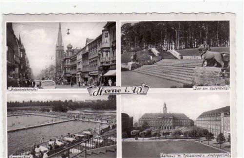 Herne, 4 Abbildungen mit Bahnhofstraße u. Sommerbad gelaufen, mit Marke und Stempel von 1957. Gute Erhaltung.