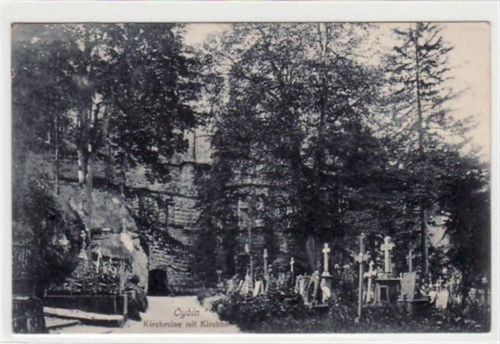 Kurort Oybin Oybin mit Kirchruine und Kirchhof gelaufen von 1912. Leichter Stempeldurchdruck, sonst gut erhalten.