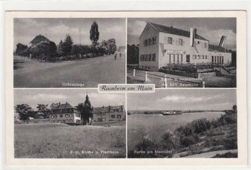Raunheim am Main mit Sport- u. Jugendheim der SSV Raunheim, Grünanlage, ev. Kirche und Pfarrhaus und Partie am Mainufer gelaufen, 1959. Gute Erhaltung.