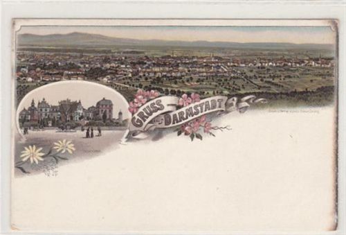 Darmstadt Darmstadt, Lithographie. Gesamtansicht Schloss ungelaufen um 1900 leichte Abschürfungen, leicht bügig, sonst gut erhalten