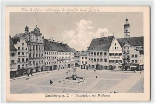 Landsberg am Lech. Hauptplatz mit Rathaus gelaufen. Leichter Stempeldurchdruck, sonst gut erhalten