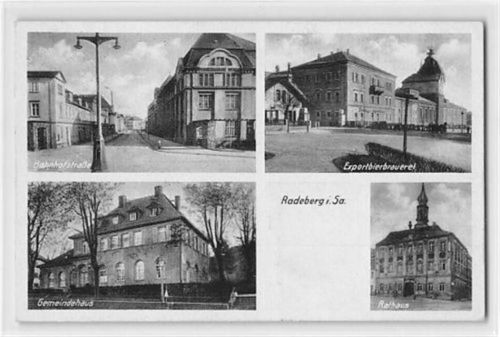 Radeberg in Sachsen mit Bahnhofstraße, Gemeindehaus, Rathaus und Exportbrauerei gelaufen. Leicht fleckig, leichter Bug oben rechts, sonst gut erhalten