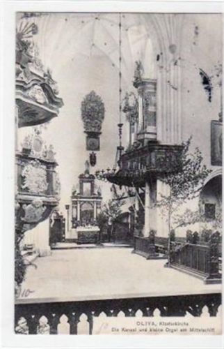 Oliva / Oliwa mit Klosterkirche, Kanzel und kl. Orgel am Mittelschiff gelaufen, 1907. Ecken mit Albumabdrücken, leichte Stempelspuren, leicht stockfleckig, sonst gut erhalten
