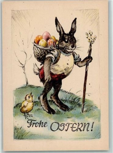 Hase vermenschlicht Kiepe mit Ostereir, Küken an der Leine AK
