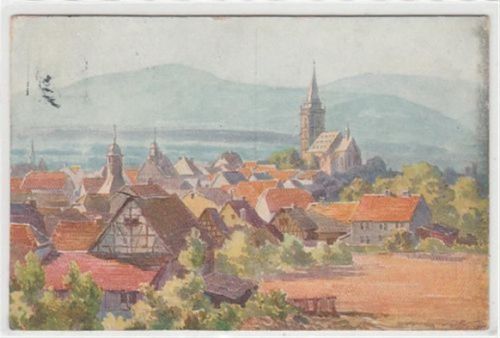 Oberursel im Taunus, Künstlerkarte. Gesamtansicht gelaufen, 1911 kleiner Knick oben links, Oxydationsspuren rechter Rand, leichte Stempelspuren, sonst gut erhalten