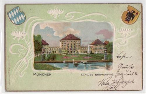 Nymphenburg München, Nymphenburg, Passepartoutkarte mit Schloss gelaufen von 1901, Marke entfernt. Gute Erhaltung.