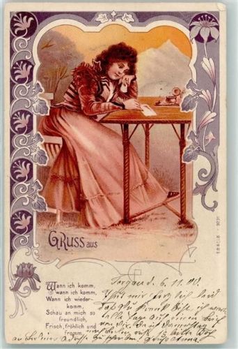 1900 Tintenfass Frau beim Schreiben Vers AK
