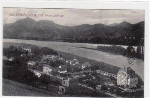 Rolandswerth mit Gesamtansicht und Siebengebirge gelaufen von 1910. Leichter Stempeldurchdruck, sonst gut erhalten