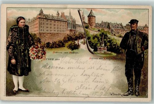 Altenburg 1901 Schloss Auffahrt Kriegerdenkmal Tracht sign. O. Jacobi