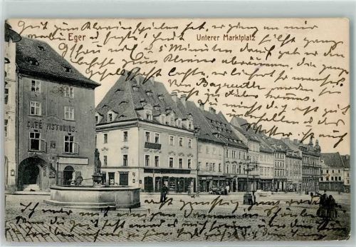 Cheb 1914 Unterer Marktplatz Cafe Pistorius Brunnen Geschäfte