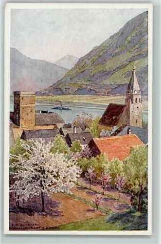 3620 Schwallenbach Künstlerkarte Kirche Raddampfer Donau Dampfschifffahrtsgesellschaft sign. Schmidt