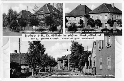 Eschbach mit Kaufhaus Behringer und Gasthaus zum Kreuz gelaufen. Leichter Stempeldurchdruck, kleiner Knick oben links, sonst gut erhalten