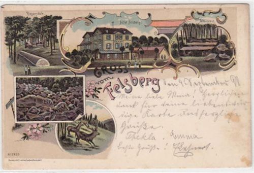 Gruss vom Felsberg, Lithographie mit Hotel und Altarstein gelaufen, 1900. leichte Abschürfungen, leicht bügig, leicht fleckig, sonst gut erhalten