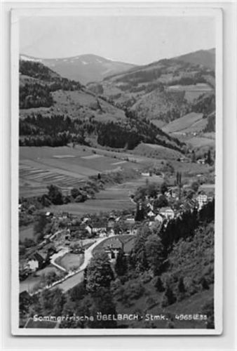 Übelbach, Steiermark. Gesamtansicht gelaufen. Marke entfernt. Zwei kleine Knicke oben links, kleine Durchdrücke, sonst gut erhalten