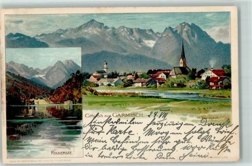 82467 W8100 Garmisch 1899 Künstlerkarte Rissersee Kirche sign. H.Deuchert