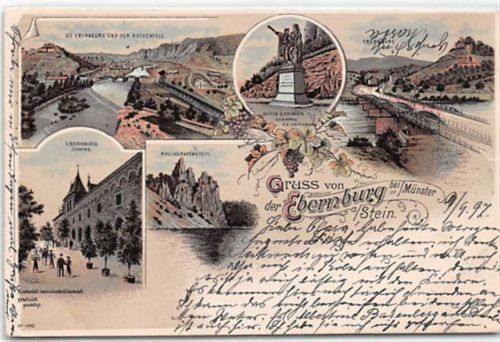 Bad Münster-Ebernburg Bad Münster, Lithographie. Rheingrafenstein Rothenfels gelaufen. Ecken mit Albumabdrücken, leichter Stempeldurchdruck, sonst gut erhalten