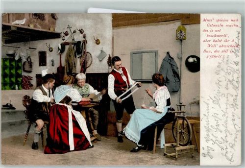 1903 Bauernstube Gitarre Spinnrad Wolle AK
