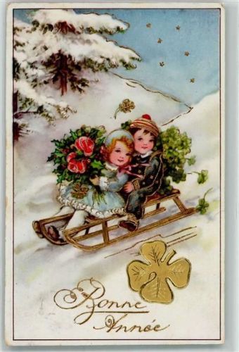 1937 HWB Serie 3152 - Neujahr Kinder Golddruck Rosen Glücksklee AK