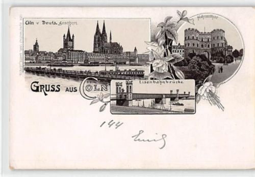 Köln Stadt Lithographie Köln mit Eisenbahnbrücke und Hahnenthor ungelaufen Gute Erhaltung.