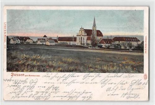 Diessen am Ammersee. Teilansicht mit Kirche gelaufen. Marke entfernt, Abrißspuren. Gute Erhaltung.
