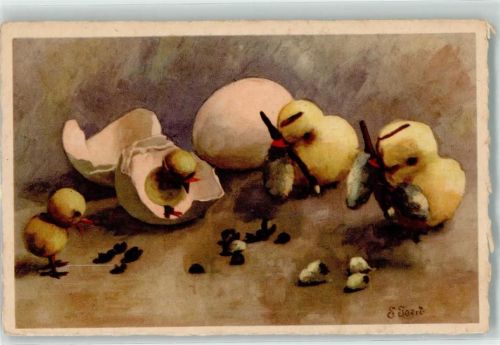 Ostern Küken schlüpfen aus den Eiern sign. E. Jeert