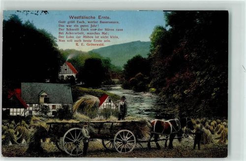 1916 Heimatbilder aus Westfalen Tiergespann Ernte Bauernhaus