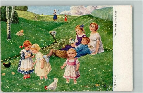 Der Mai ist gekommen Kinder auf der Wiese Küken AK