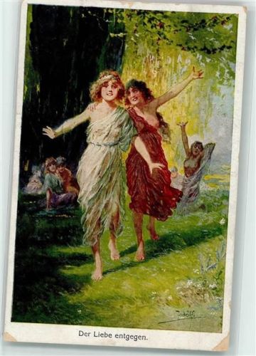 Adolf sign. Jodolfi - Nymphen Waldnixen der Liebe entgegen AK