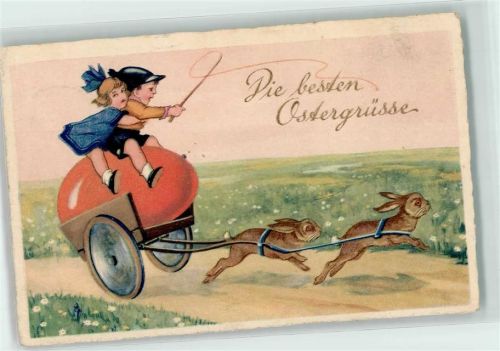 1926 Kutsche mit einem großen Osterei wird von Hasen gezogen