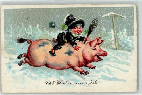 1929 Schornsteinfeger reitet auf dem mSchwein , Neujahr AK
