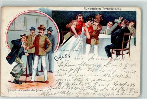 Humoristische Turnerpostkarten - Händedruck des Turnrs Lithographie