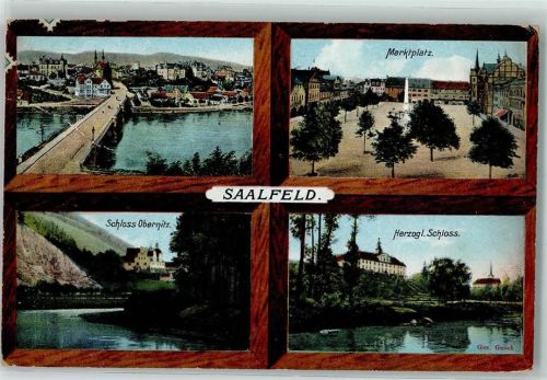 07318 O6800 Saalfeld , Saale Gebrauchsspuren Marktplatz Saale Brücke Schloss Obernitz Herzogliches Schloss Bahnpost Leipzig-Saalfeld Zug 373