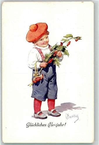 2983-2 Neujahr sign. Feiertag, Karl - Kind Mistel Pilz AK BKW 1913 Künstlerkarte