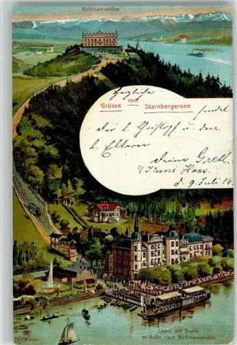 82335 W8137 Berg , Starnberger See 1906 - Seehotel Leoni mit Drahtseilbahn nach Rottmannshöhe Seitenraddampfer
