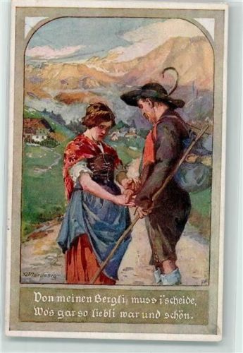 Volksliederkarte Nr. 10 sign. Marussig - Wandern Tracht Abschied AK