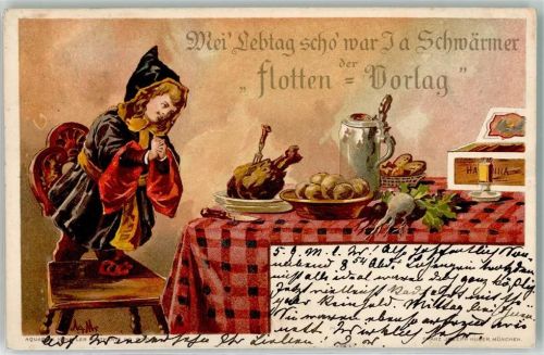 1900 Kindl Klösse Hähnchen Bierkrug gedeckter Tisch AK