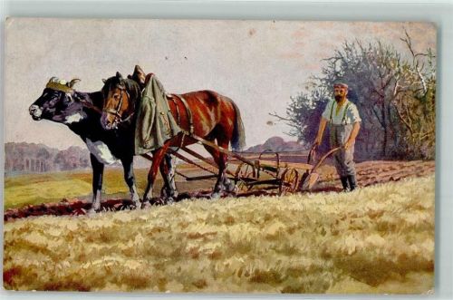Deutsche Kriegerernte Karten Nr. 4 Soldat im Feindesland 'Tiergespann Landwirtschaft Pflug Propaganda WK I 1916 Künstlerkarte