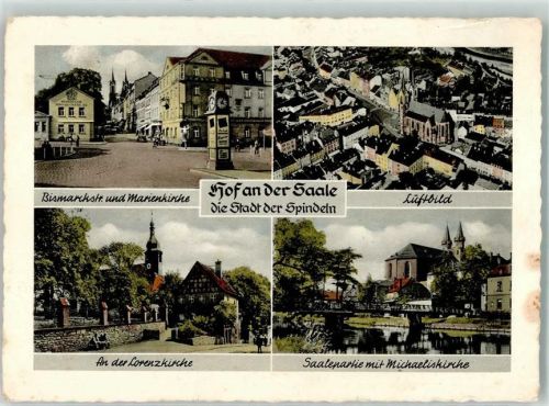 Hof Bismarckstraße Marienkirche Fliegeraufnahme Lorenzkirche Michaeliskirche Litfaßsäule Uhr Brücke